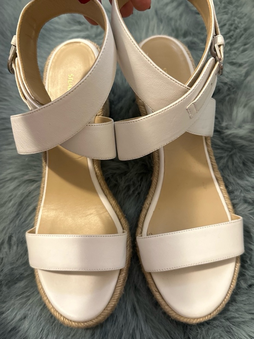 Stuart Weitzman White Leather Espadrille Wedge Sandals